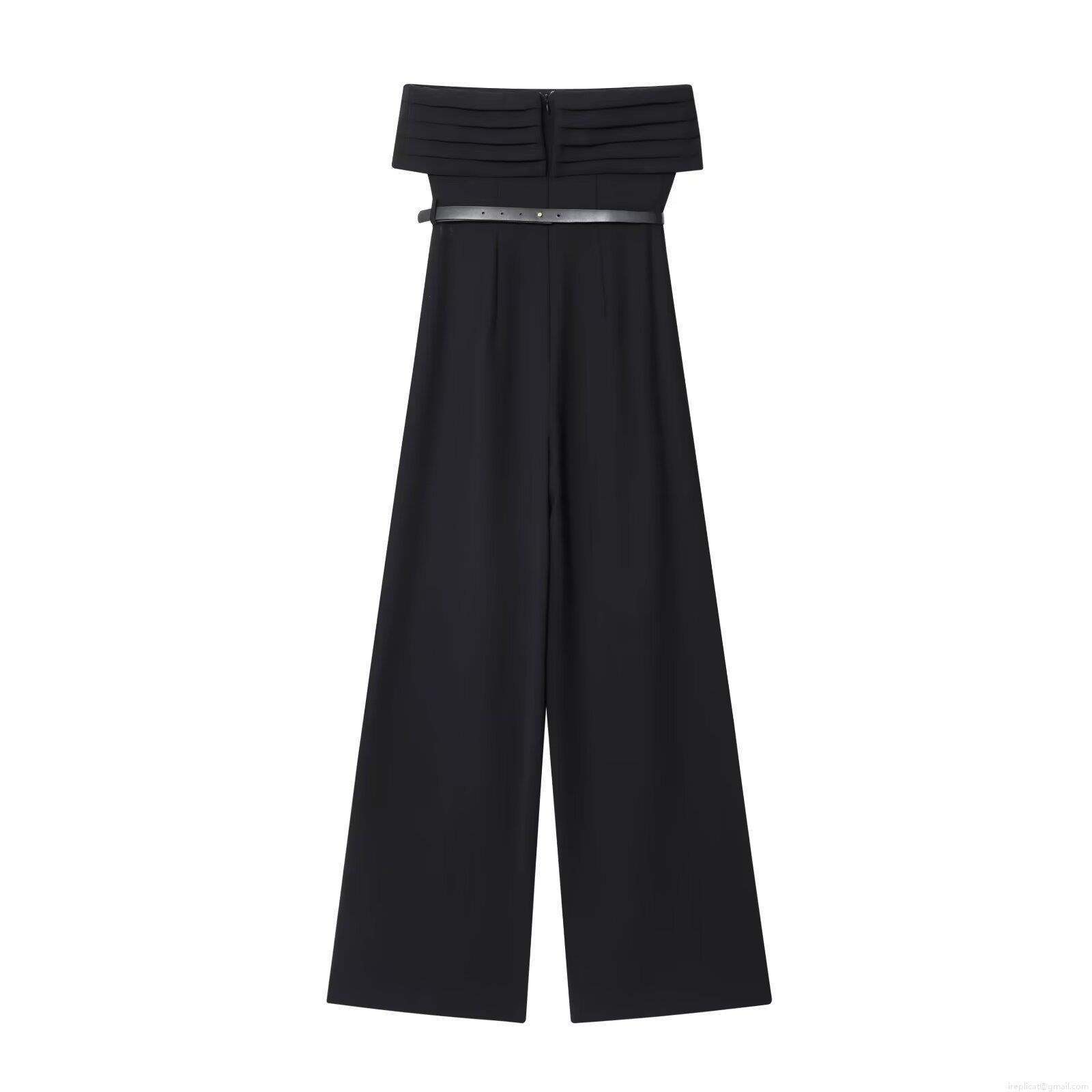 Women's Sexy Strapless Jumpsuit With Belt Black Polyester Twill High Waist Wide Leg Long Pants Elegant Party Evening Clubwear One Piece Romper