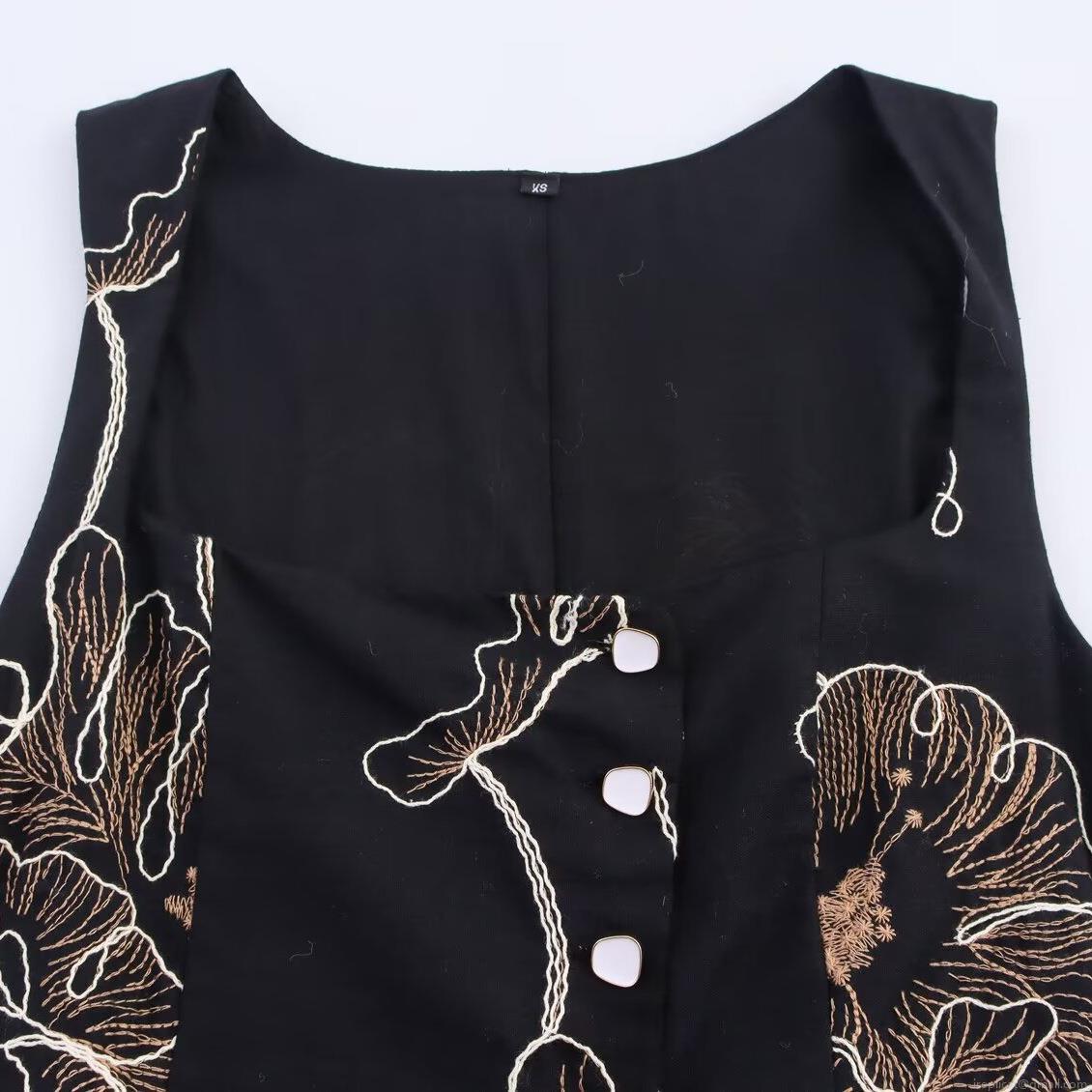 Women's Vintage Elegant Sleeveless Black Jumpsuit With Gold Floral Embroidery Button Front Wide Leg Long Pant Cotton Blend Romper