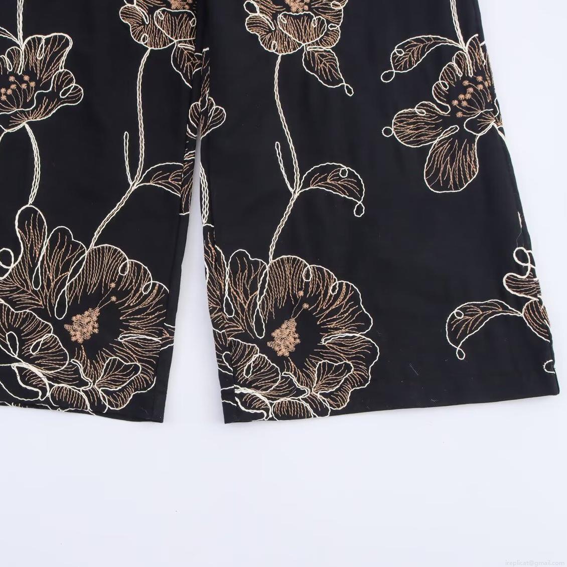Women's Vintage Elegant Sleeveless Black Jumpsuit With Gold Floral Embroidery Button Front Wide Leg Long Pant Cotton Blend Romper