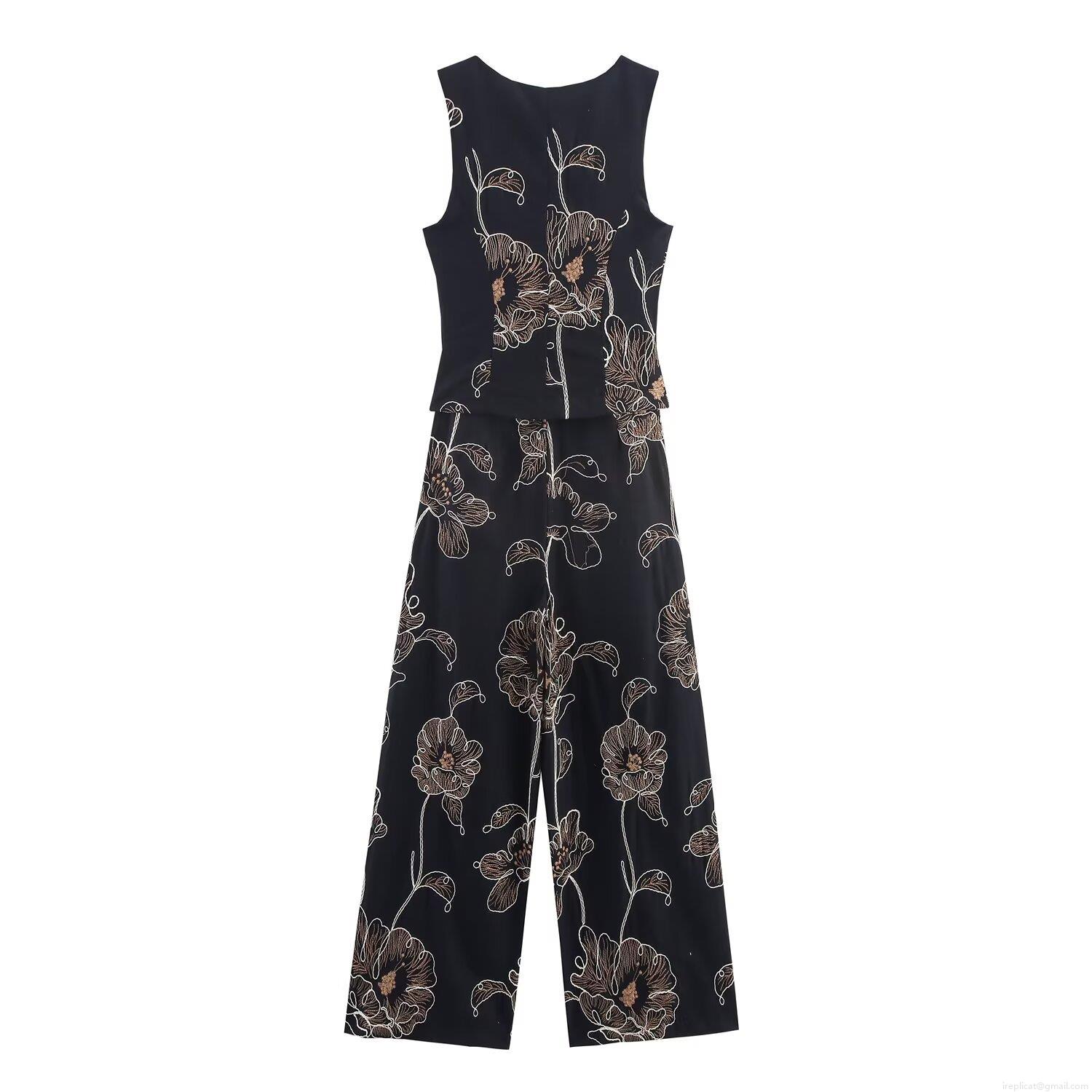 Women's Vintage Elegant Sleeveless Black Jumpsuit With Gold Floral Embroidery Button Front Wide Leg Long Pant Cotton Blend Romper