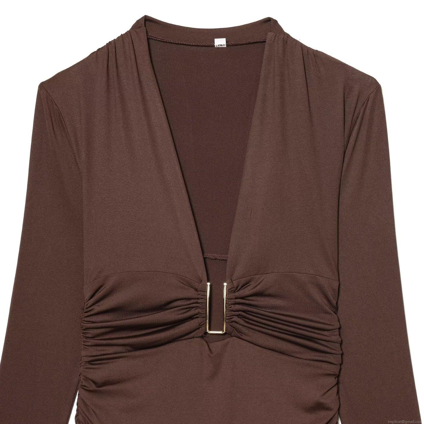 Women's Sexy Deep V-Neck Long Sleeve Ruched Bodysuit With U-Shaped Metal Buckle Slim Fit Solid Brown One-Piece Jumpsuit For Party Clubwear