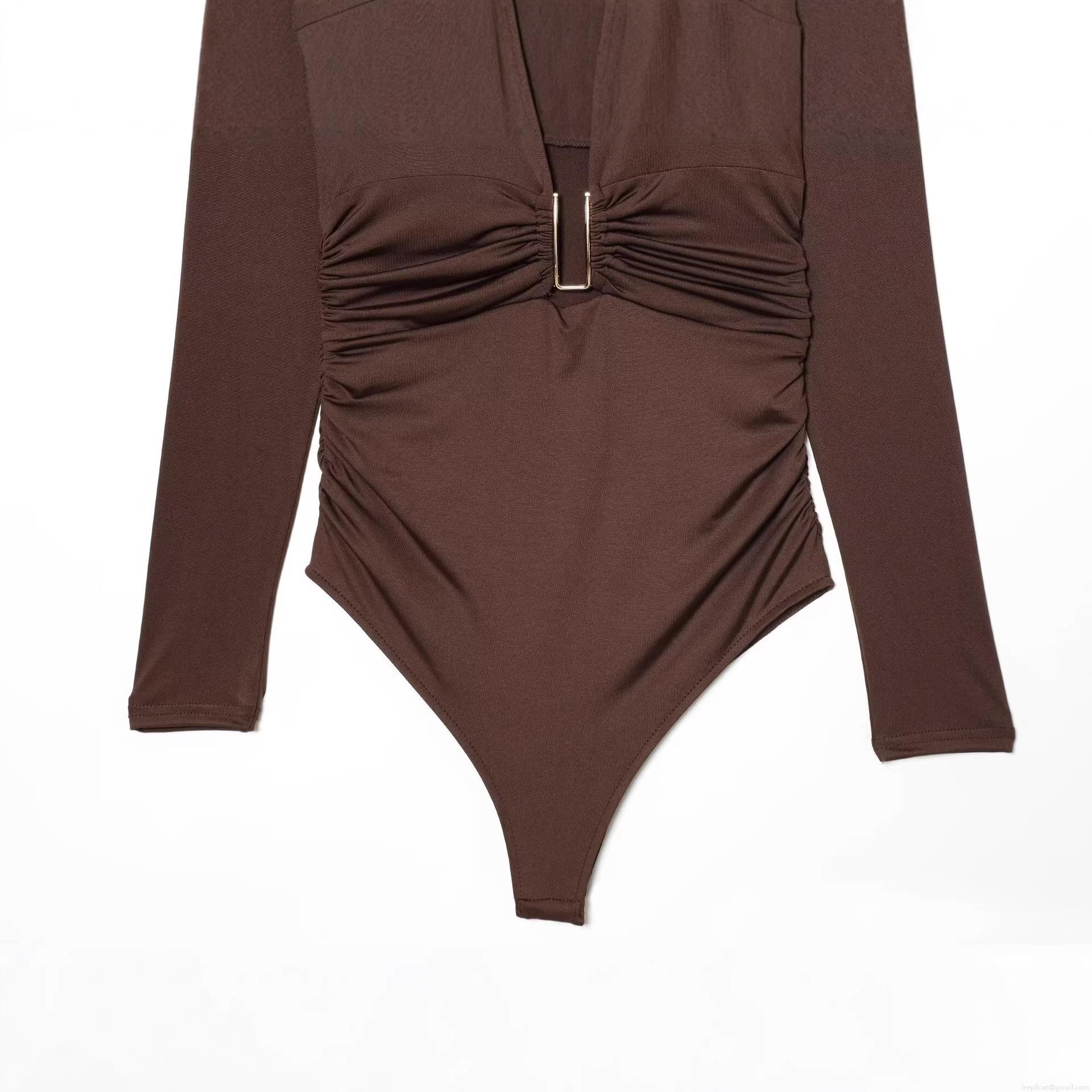 Women's Sexy Deep V-Neck Long Sleeve Ruched Bodysuit With U-Shaped Metal Buckle Slim Fit Solid Brown One-Piece Jumpsuit For Party Clubwear