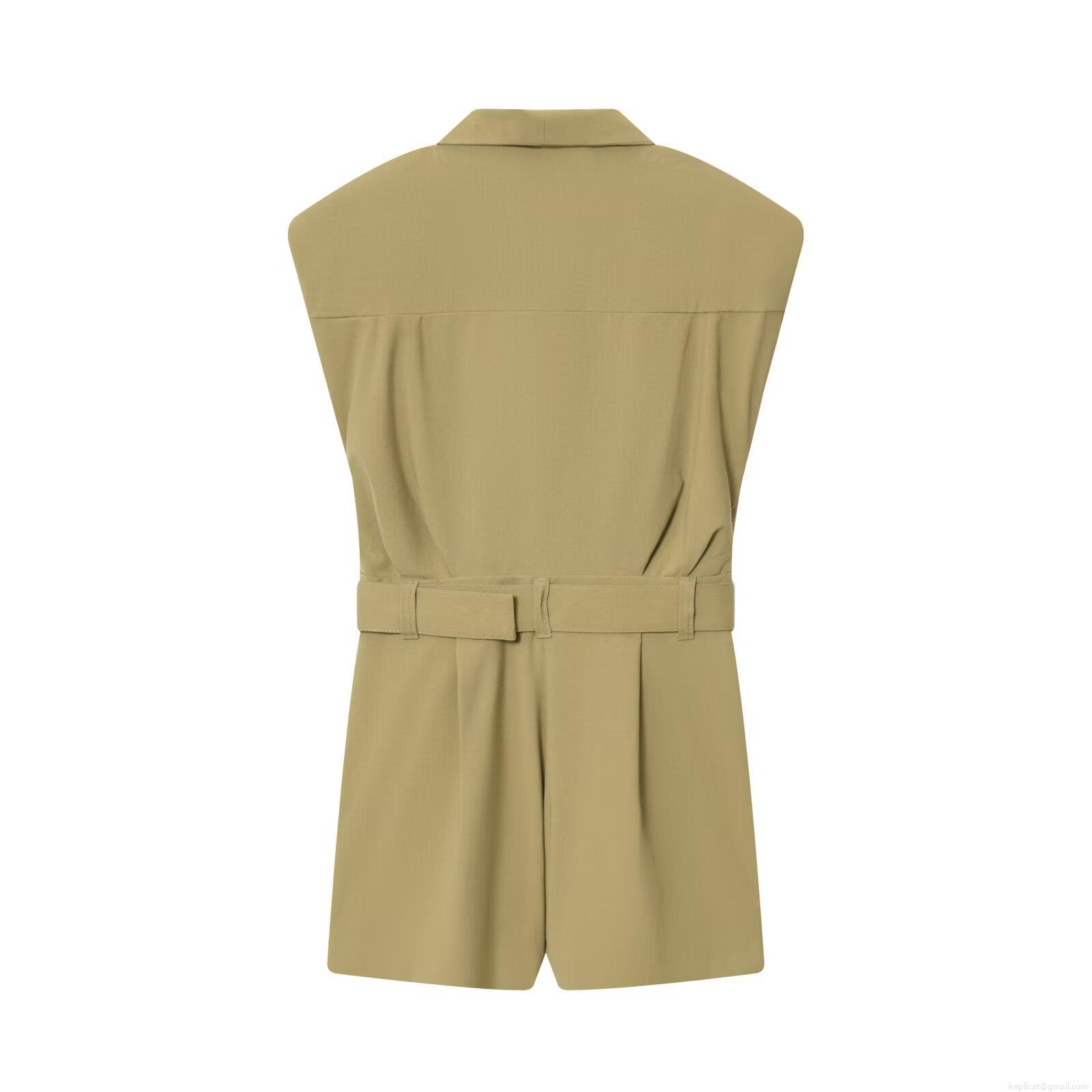 Women Cargo Sleeveless Jumpsuit Polyester Spandex Notched Lapel Belted Romper Military Style One Piece Short Jumpsuit For Daily Casual Wear