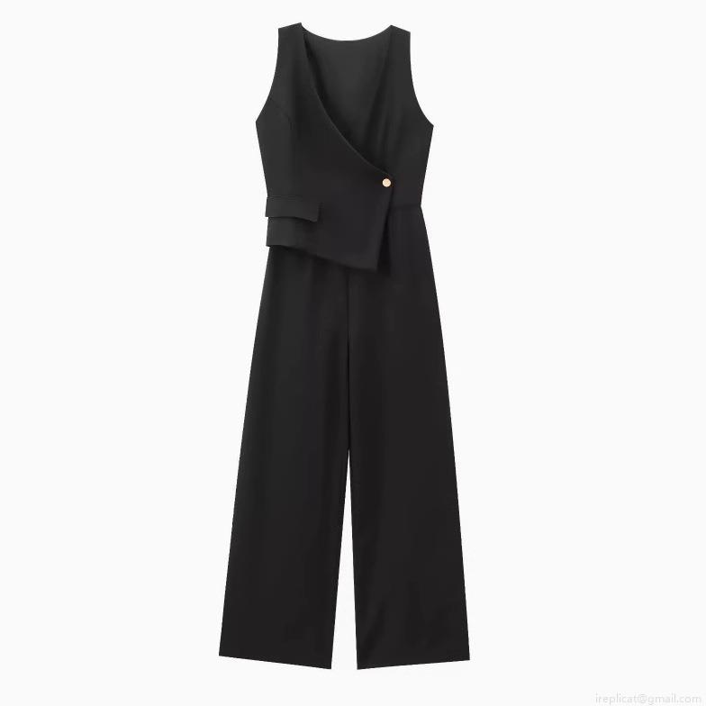 Elegant Women V-Neck Sleeveless Jumpsuit Asymmetrical Design High Waist Wide Leg Long Pant Polyester Blend One Piece Bodysuit for Party Evening Clubwear