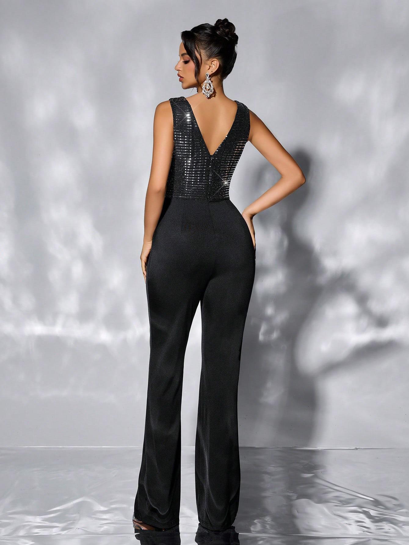Women's Sexy Sequin Sleeveless Jumpsuit Deep V-Neck Wide-Leg One-Piece Romper Elegant Evening Party Jumpsuit High Waist Black Long Trousers