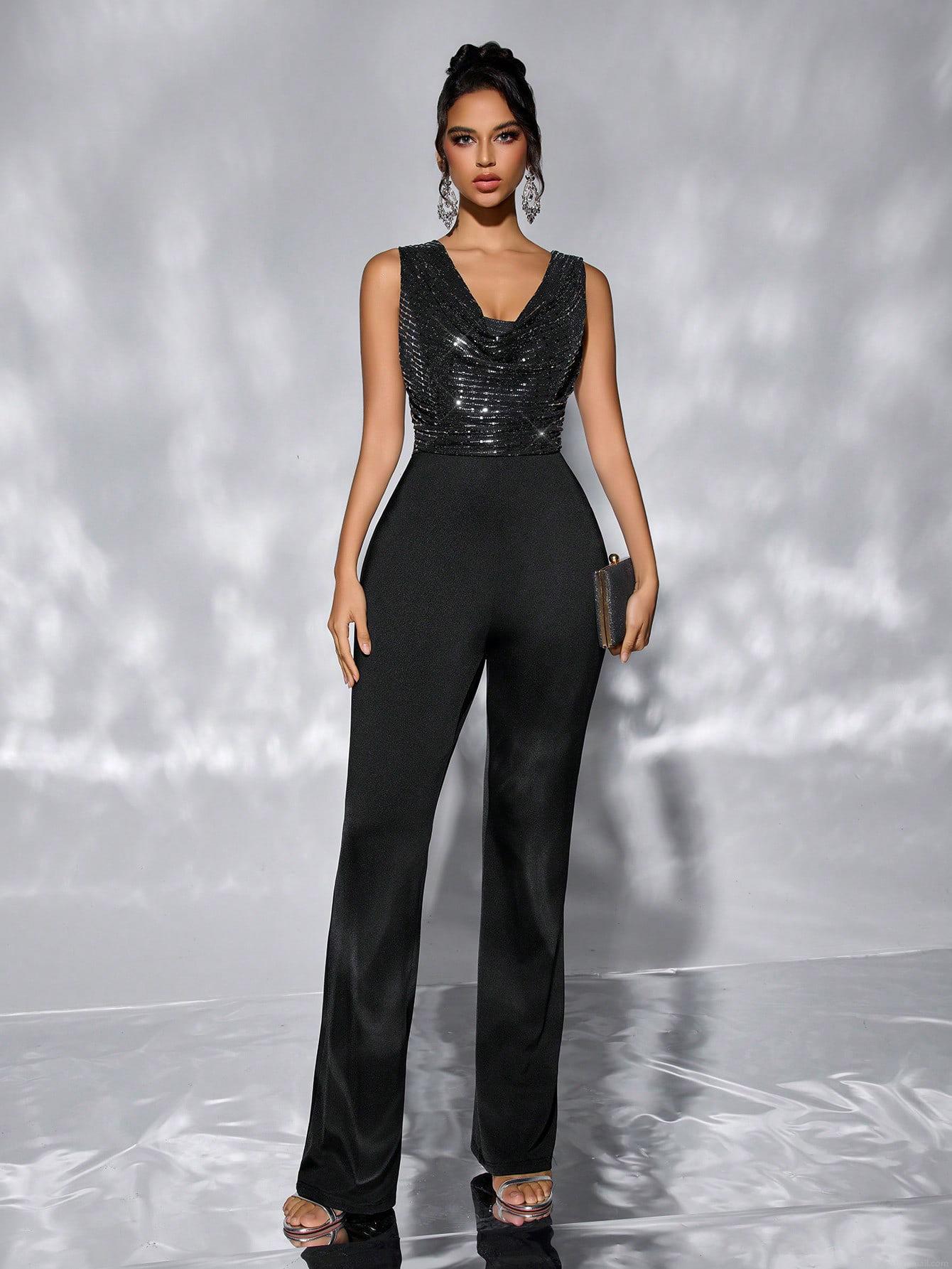 Women's Sexy Sequin Sleeveless Jumpsuit Deep V-Neck Wide-Leg One-Piece Romper Elegant Evening Party Jumpsuit High Waist Black Long Trousers