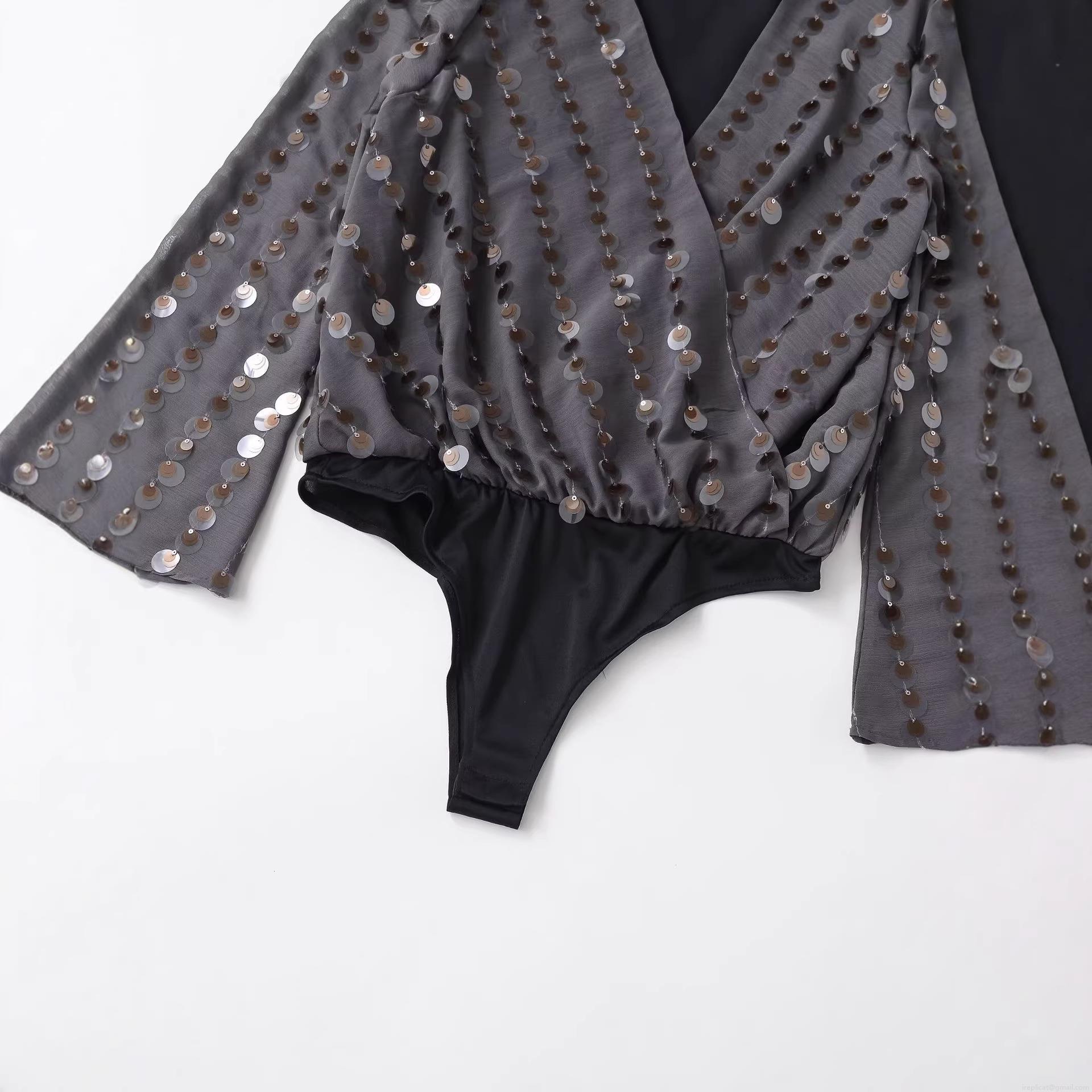 Women's Sexy Deep V-Neck Sequin Bodysuit Long Flared Sleeve Mesh Patchwork Leotard Top Party Night Out Clubwear Romper