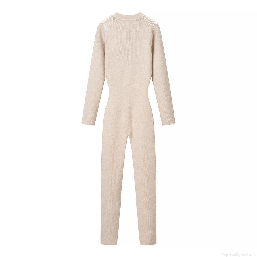 Women's Ribbed Knit Long Sleeve Jumpsuit Half Zipper High Neck Slim Fit Full Length Bodysuit For Casual Party Streetwear