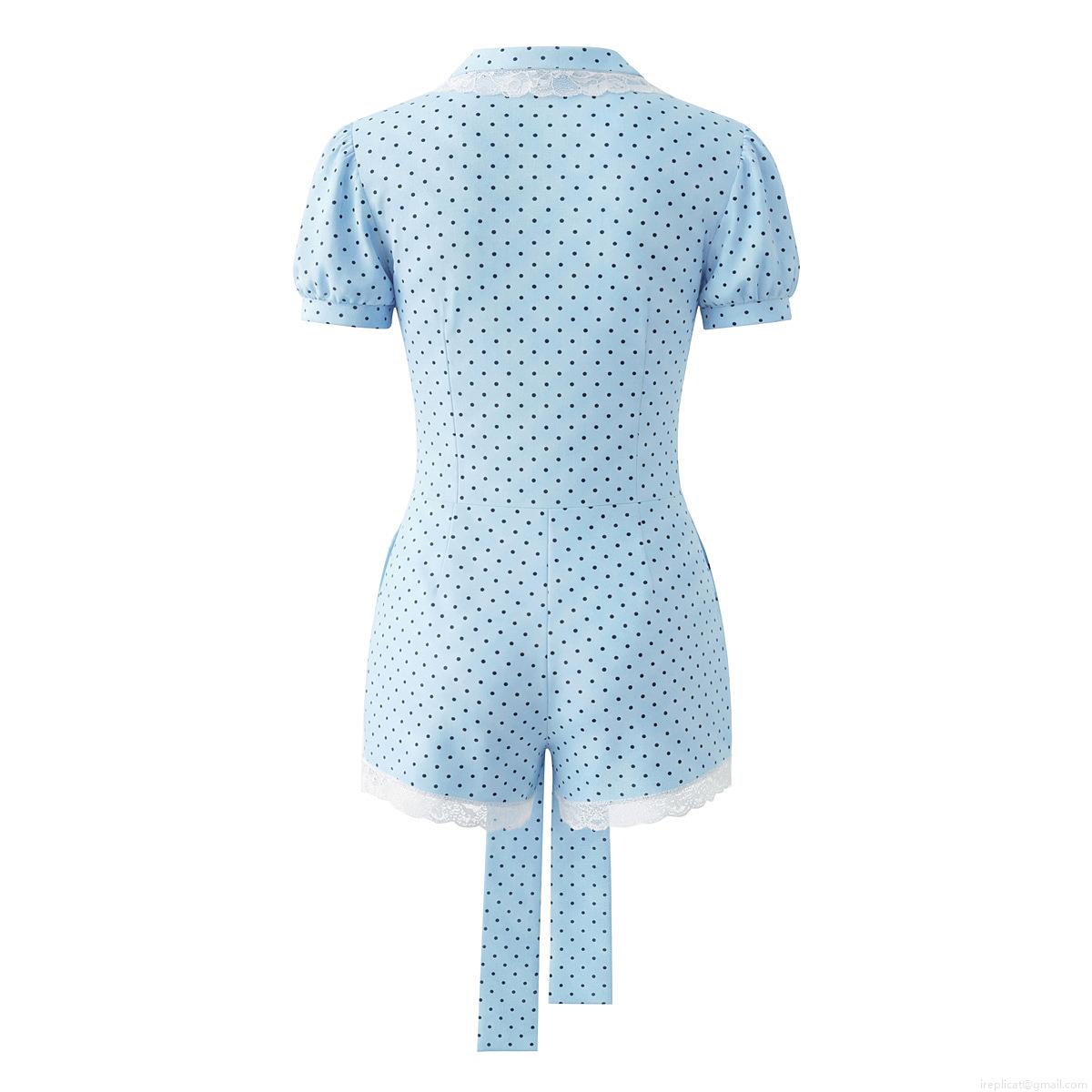 Women's Sweet Light Blue Polka Dot Romper Cotton Polyester Lace Heart Cutout Puff Sleeve Short Jumpsuit Summer Fashion One Piece Outfit