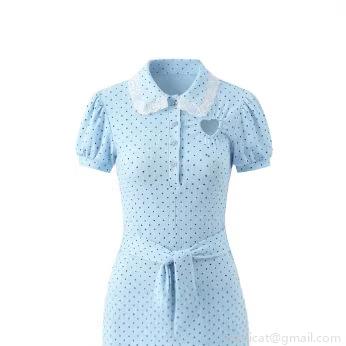 Women's Sweet Light Blue Polka Dot Romper Cotton Polyester Lace Heart Cutout Puff Sleeve Short Jumpsuit Summer Fashion One Piece Outfit