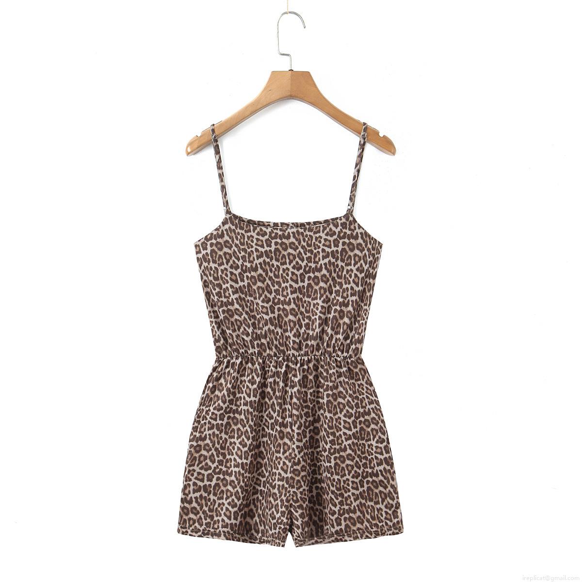 Women's Vintage Leopard Print Cami Romper Sexy Sleeveless Backless Jumpsuit With Elastic Waist Summer Casual Short Playsuit For Party Vacation