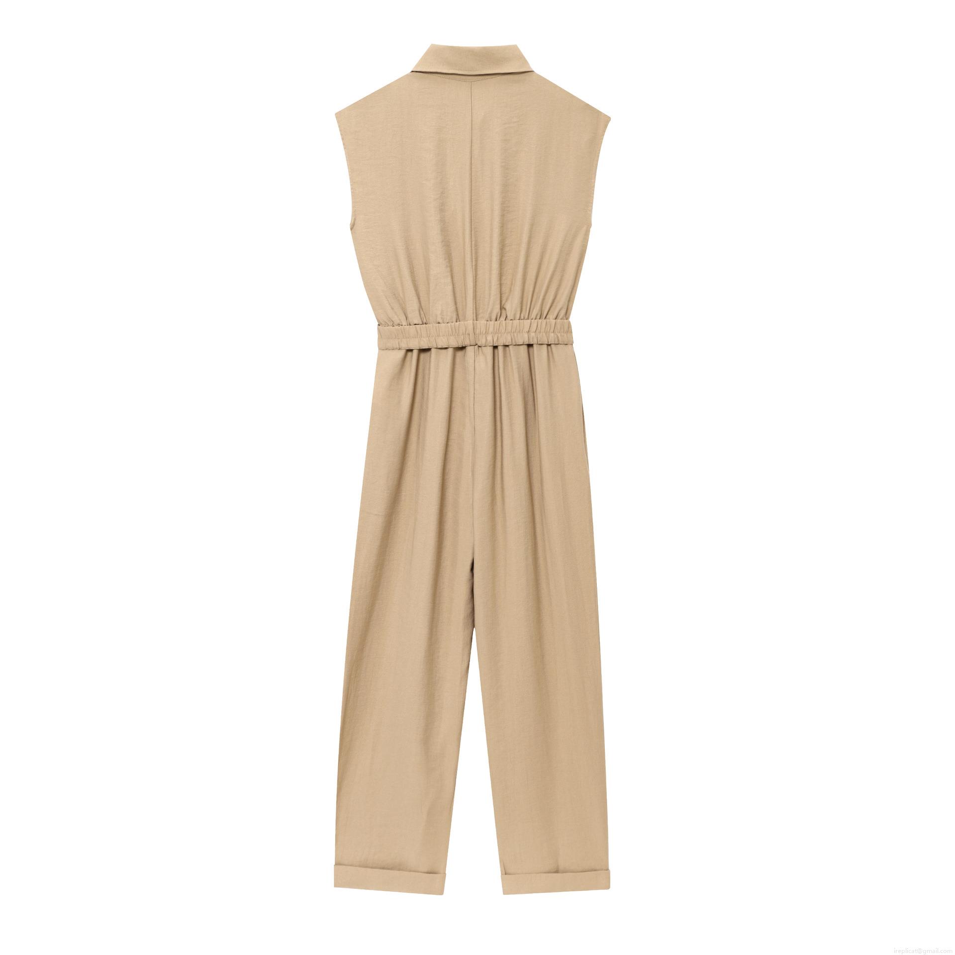 Women's Sleeveless Jumpsuit Solid Color Cotton Blend Workwear Style Lapel Button Up Romper With Belt Straight Leg Commuter Long Jumpsuits For Ladies