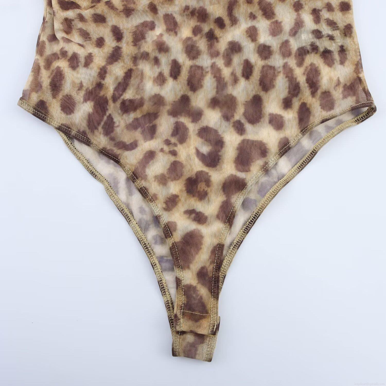 Women Sexy Leopard Print Mesh Bodysuit Asymmetric One Shoulder Halterneck Slim Fit Party Clubwear Sheer Mesh Leotard Top