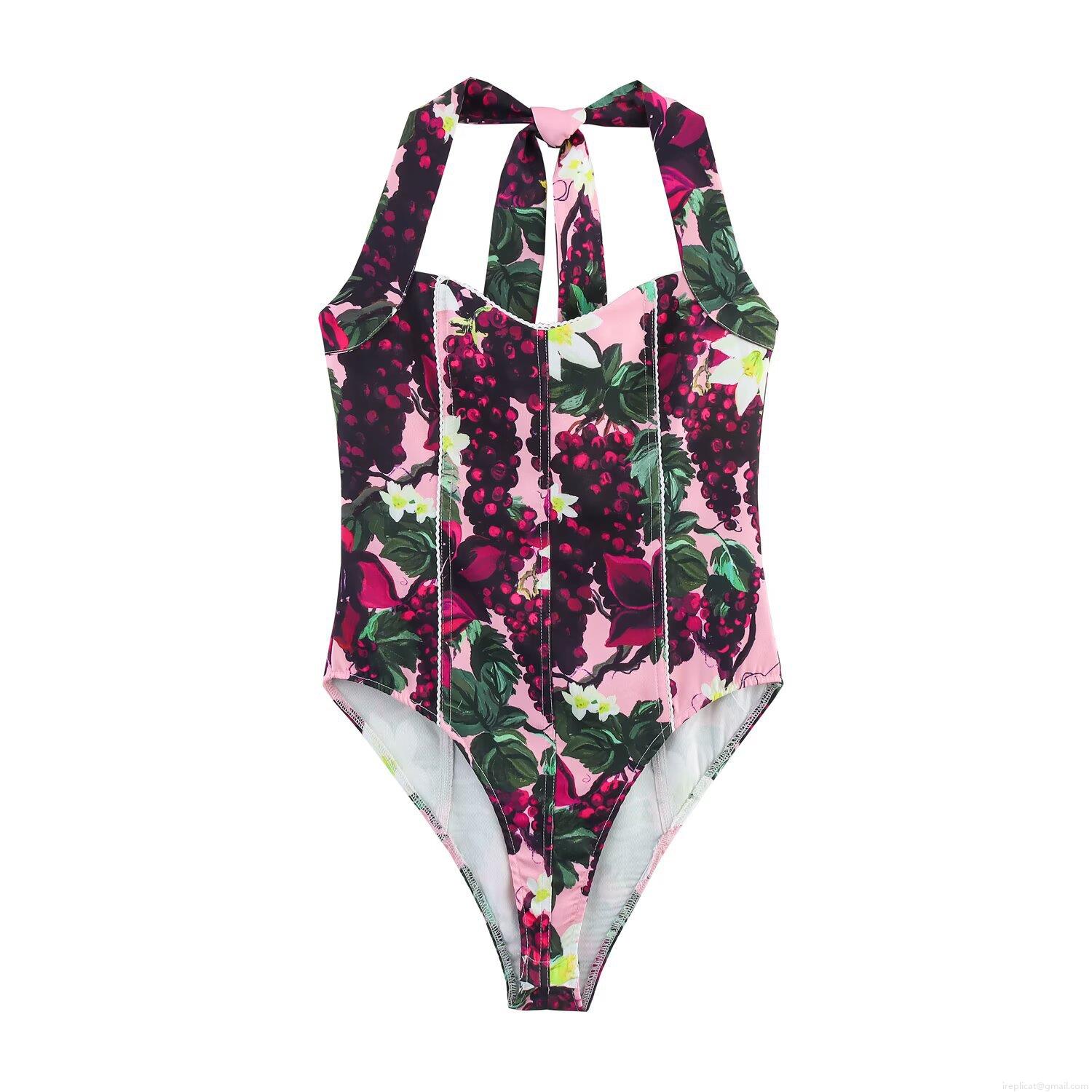 Women Halter Neck Floral Print Bodysuit Sexy Grape Pattern Sleeveless One-Piece Top Pink Elegant Summer Bodysuits For Women