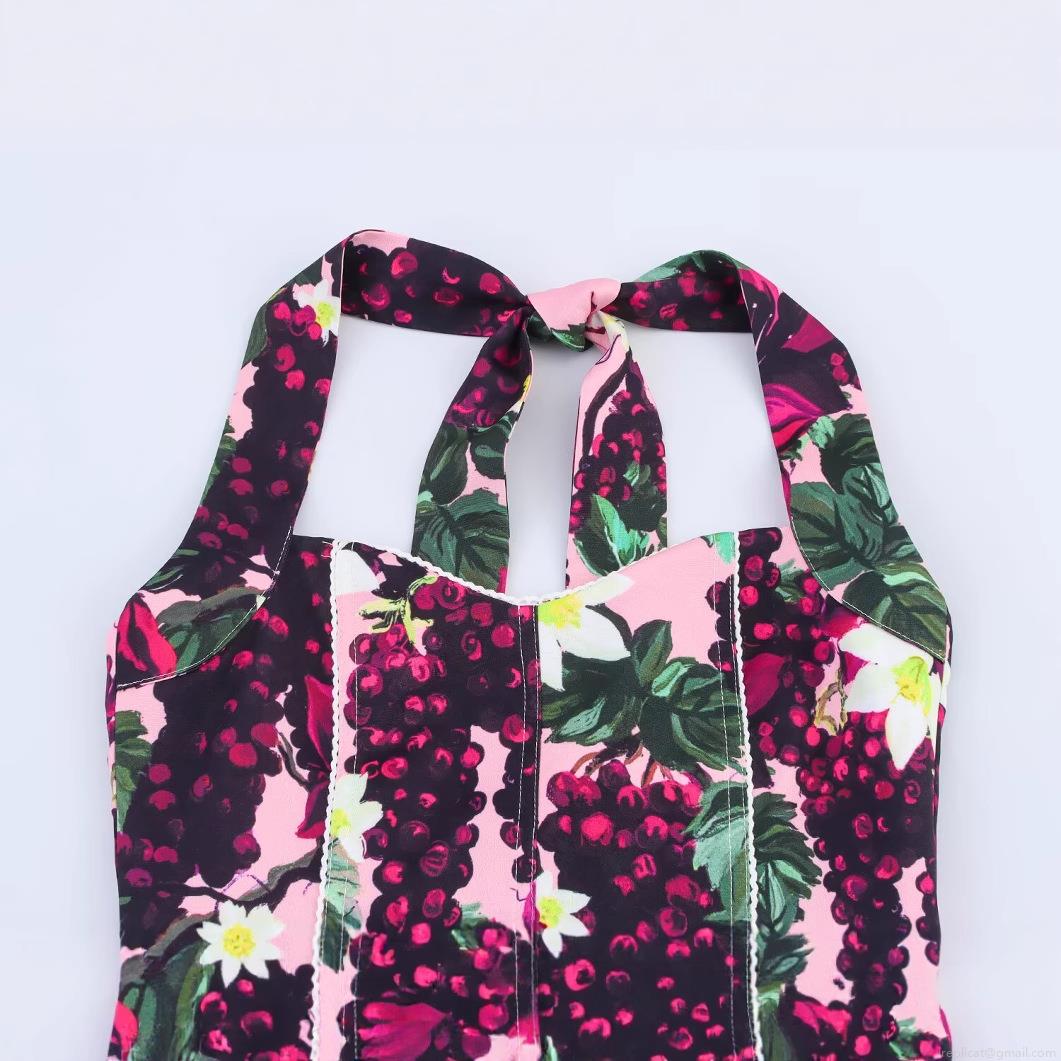 Women Halter Neck Floral Print Bodysuit Sexy Grape Pattern Sleeveless One-Piece Top Pink Elegant Summer Bodysuits For Women