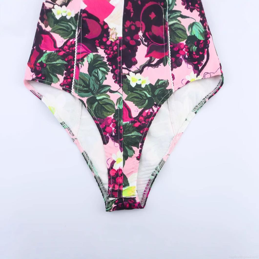 Women Halter Neck Floral Print Bodysuit Sexy Grape Pattern Sleeveless One-Piece Top Pink Elegant Summer Bodysuits For Women