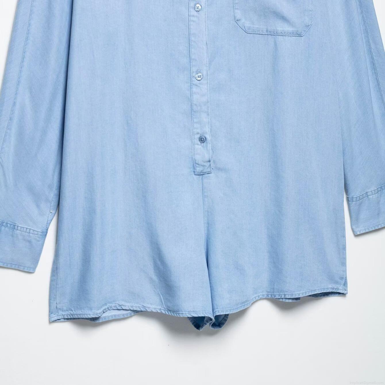 Women's Light Blue Denim Romper Jumpsuit Cotton Blend Long Sleeve Button Up Short Playsuit With Pocket Turn Down Collar Casual Elegant Lady Outfit