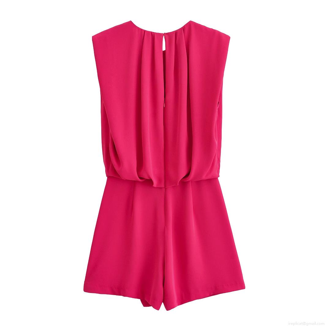 Women's Sleeveless Round Neck Pleated Romper Short Jumpsuit Solid Rose Red Elegant Summer Casual One-Piece Fashion Outfit For Women