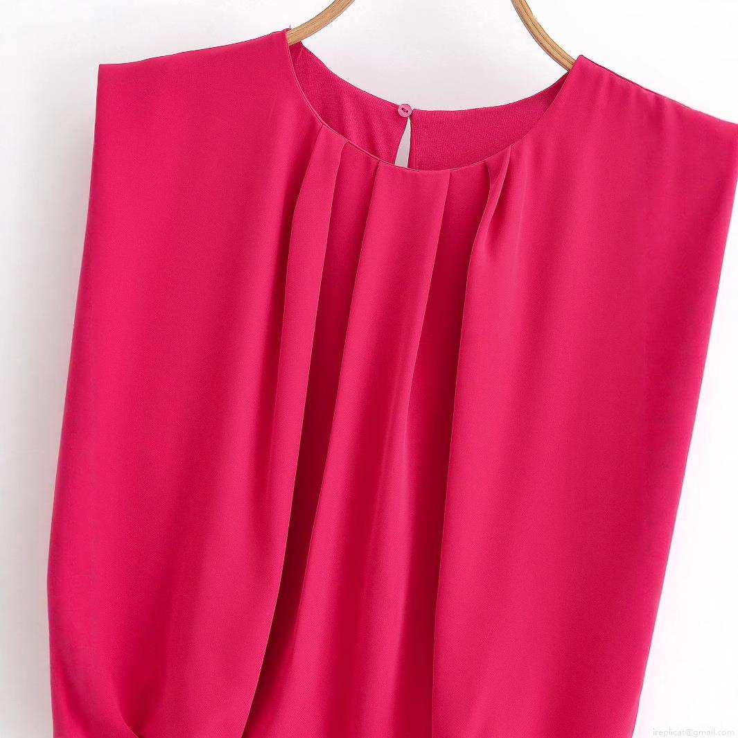 Women's Sleeveless Round Neck Pleated Romper Short Jumpsuit Solid Rose Red Elegant Summer Casual One-Piece Fashion Outfit For Women