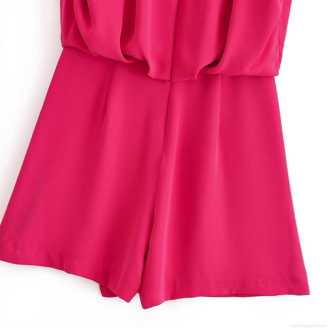 Women's Sleeveless Round Neck Pleated Romper Short Jumpsuit Solid Rose Red Elegant Summer Casual One-Piece Fashion Outfit For Women