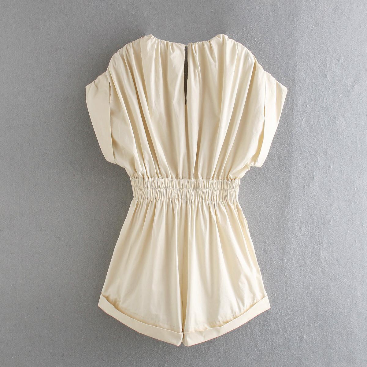 Women's Elegant V-Neck Short Sleeve Romper Polyester Woven Elastic Waist Wide Leg Jumpsuit Casual Summer Party Solid Color Fashion Outfit For Women