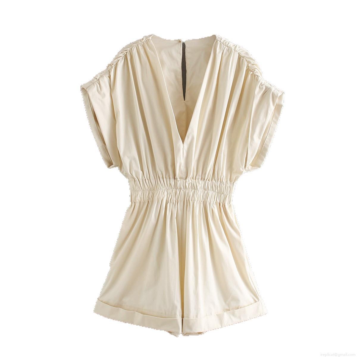 Women's Elegant V-Neck Short Sleeve Romper Polyester Woven Elastic Waist Wide Leg Jumpsuit Casual Summer Party Solid Color Fashion Outfit For Women