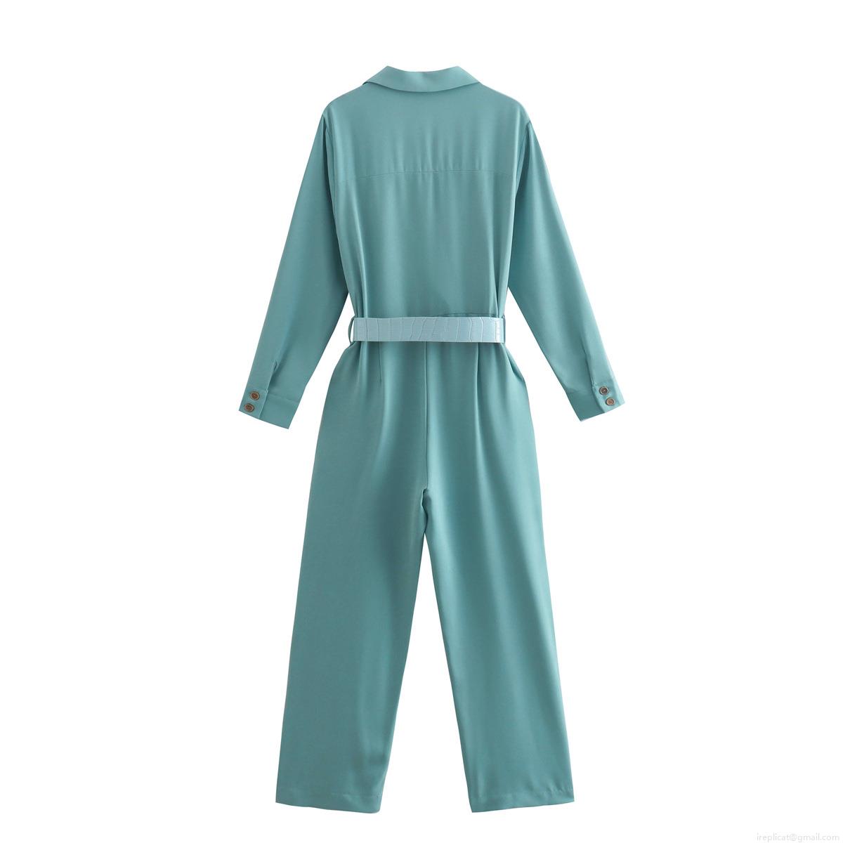 Women's Elegant Notched Lapel Long Sleeve Jumpsuit With Belt Casual Solid Color Wide Leg Romper One Piece Outfit For Office Party Ladies