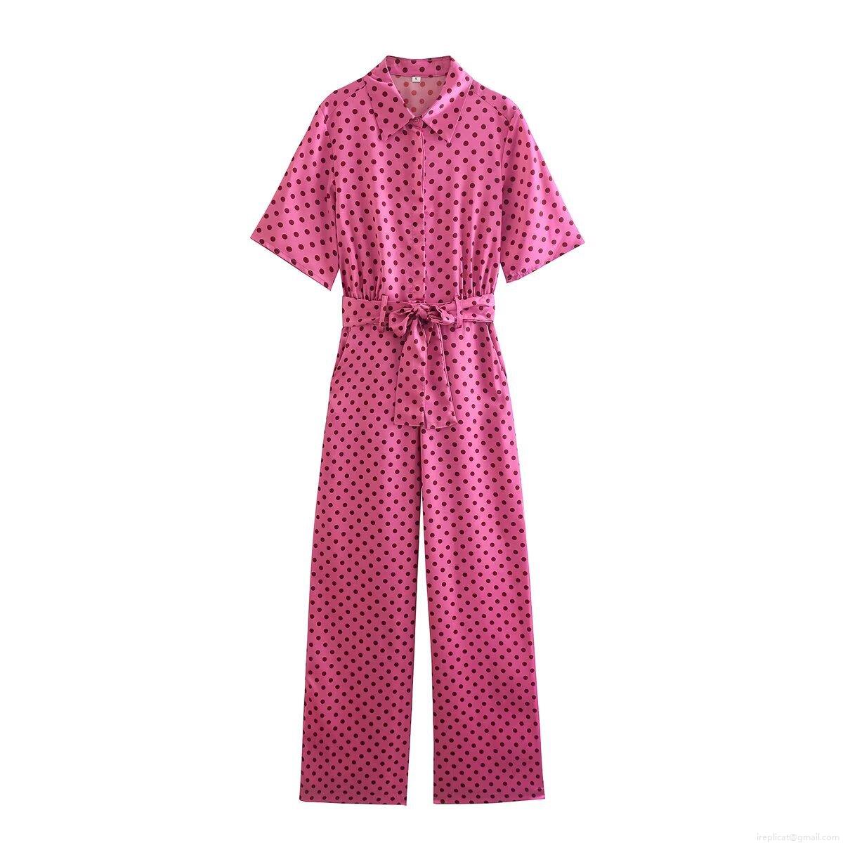 Women's Retro Polka Dot Jumpsuit Satin Luster Short Sleeve Turn-down Collar Belted Straight Wide Leg Romper One-Piece Outfit for Summer Vacation
