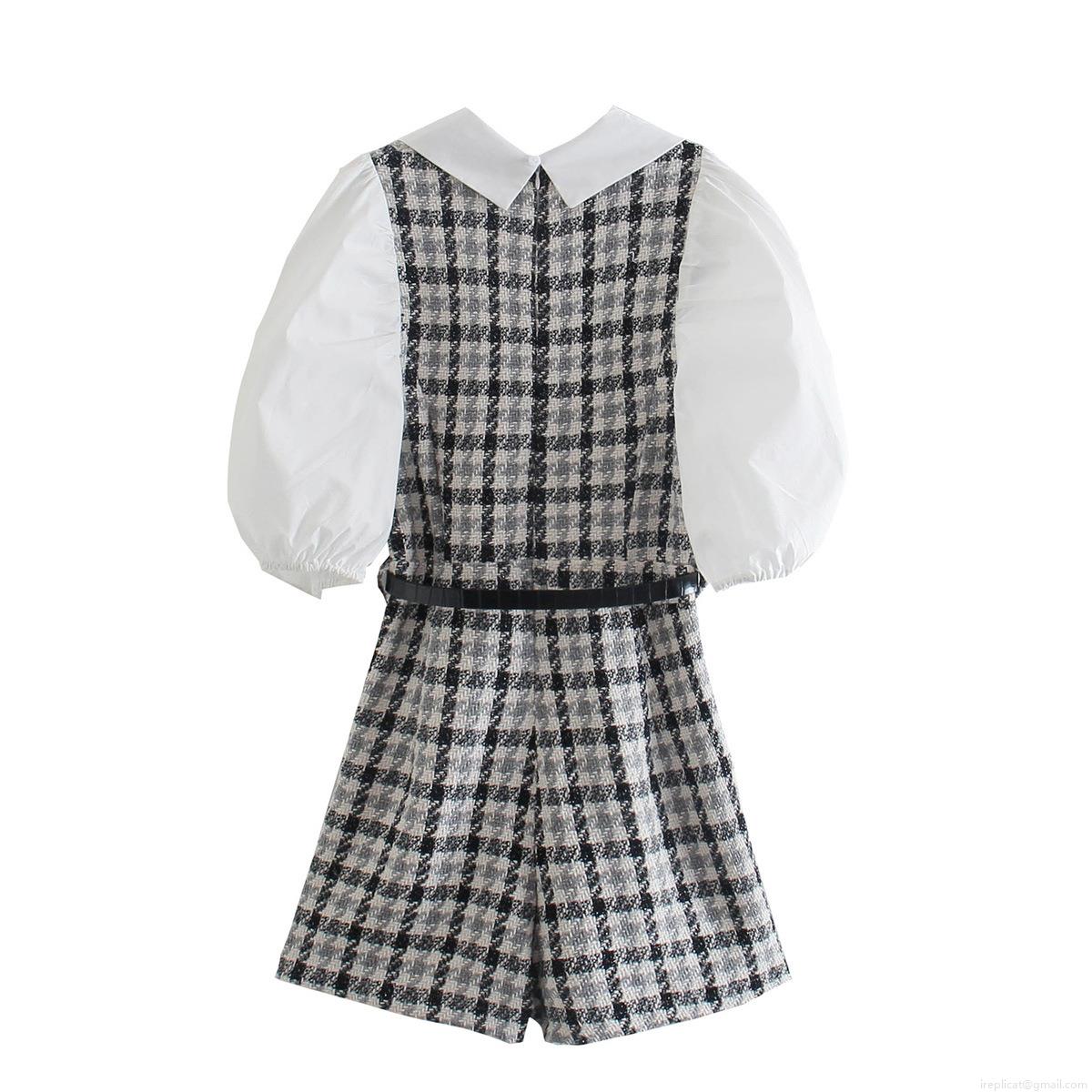 Women Vintage Plaid Tweed Jumpsuit Contrast White Peter Pan Collar Puff Sleeve Romper Elegant Short Jumpsuit With Belt For Party