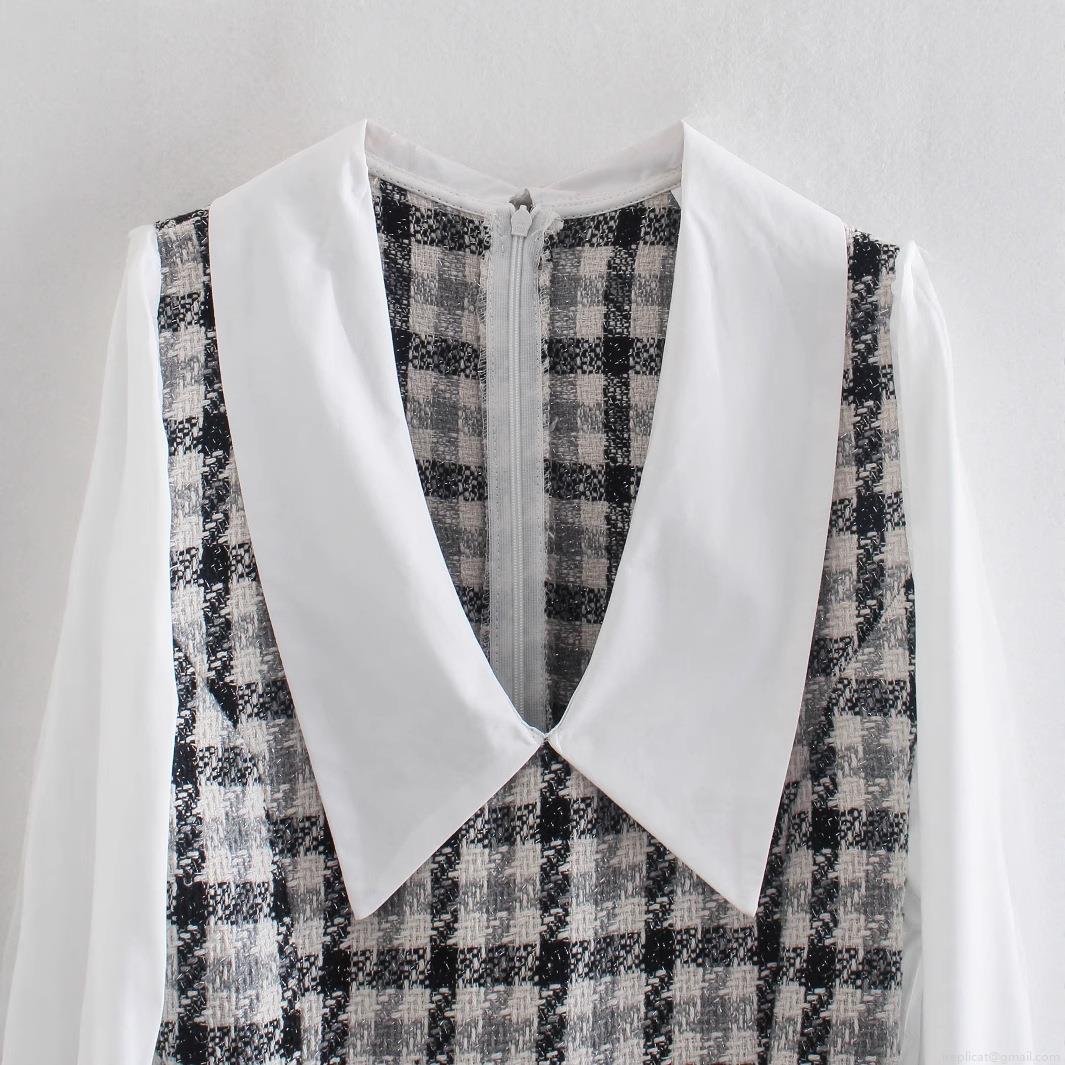 Women Vintage Plaid Tweed Jumpsuit Contrast White Peter Pan Collar Puff Sleeve Romper Elegant Short Jumpsuit With Belt For Party