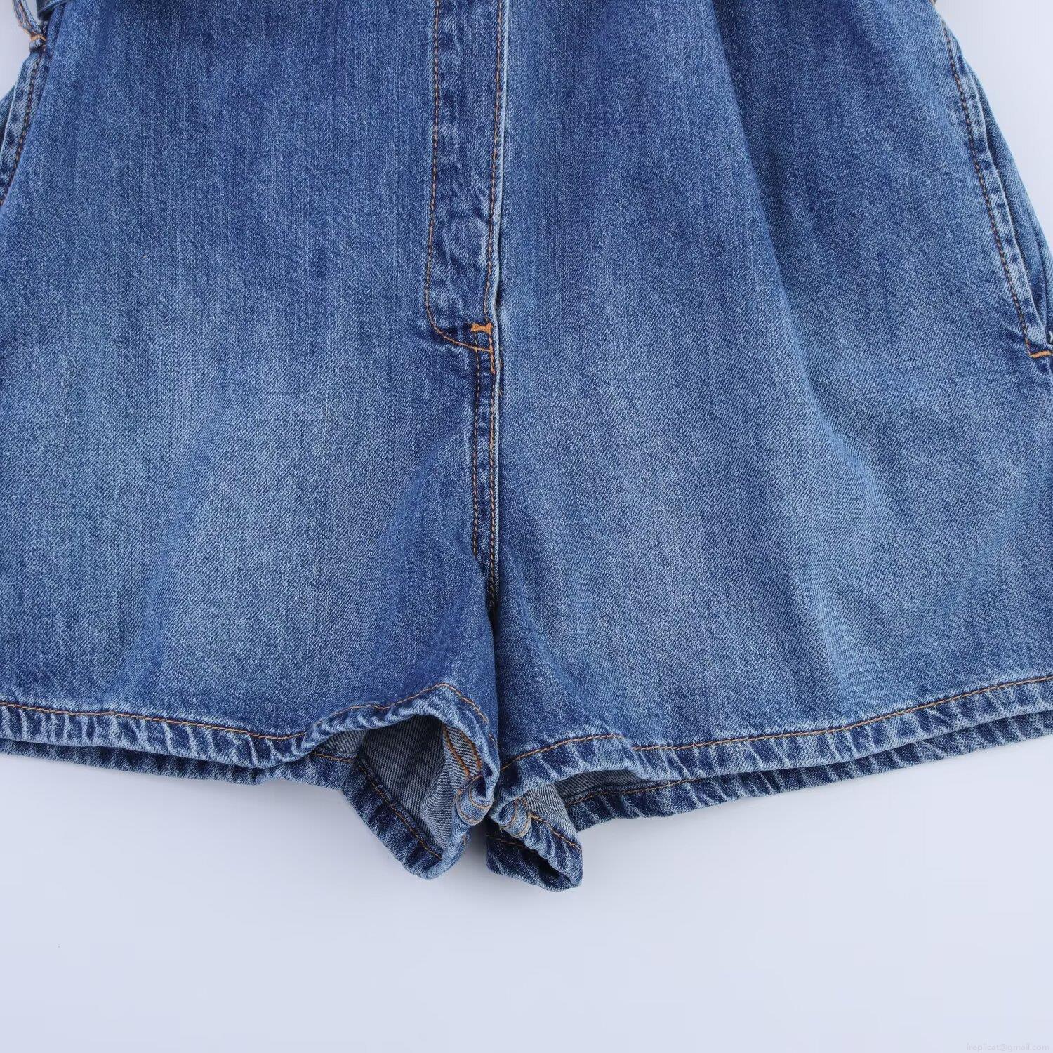 Women's Casual Denim Romper With Waist Tie Bow Lapel Collar Short Sleeve Jumpsuit Button Down Cotton Blend Summer Playsuit For Ladies