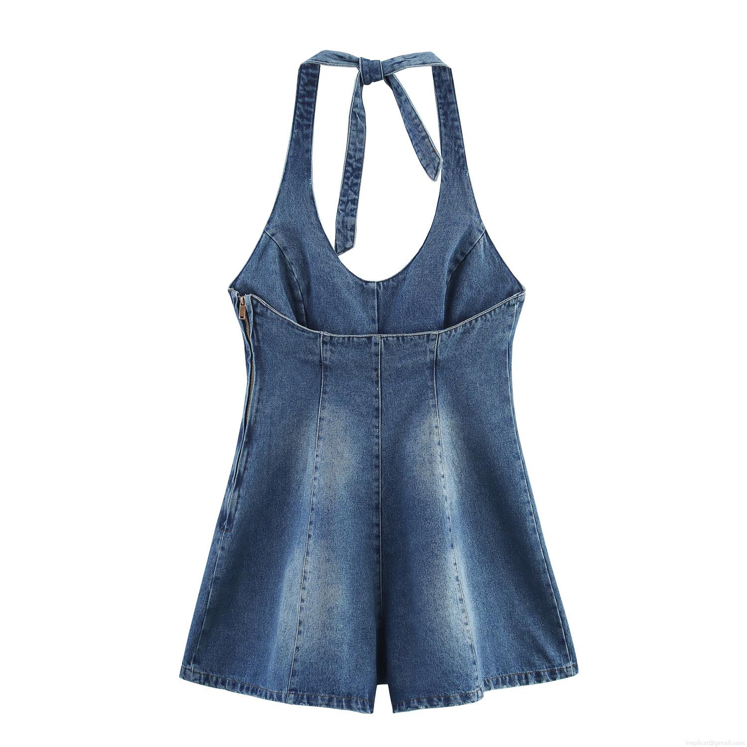 Women's Sexy Halter Neck Denim Romper Washed Blue Cotton Blend Jumpsuit Backless Sleeveless Straight Playsuit With Side Zipper For Summer Party Vacation