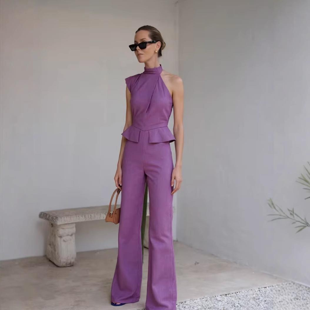 Women's One Shoulder Jumpsuit Elegant Cotton Polyester Peplum Ruffle Wide Leg Long Pants Sleeveless Halter Party Wedding Guest Outfit For Ladies