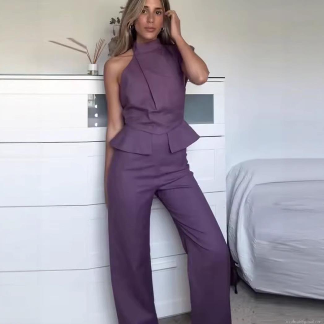 Women's One Shoulder Jumpsuit Elegant Cotton Polyester Peplum Ruffle Wide Leg Long Pants Sleeveless Halter Party Wedding Guest Outfit For Ladies