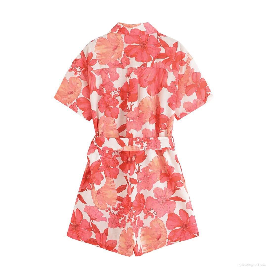 Women Summer Floral Print Short Sleeve Romper With Belt V-Neck Button Down Casual Beach Jumpsuit Polyester Lightweight Outfit