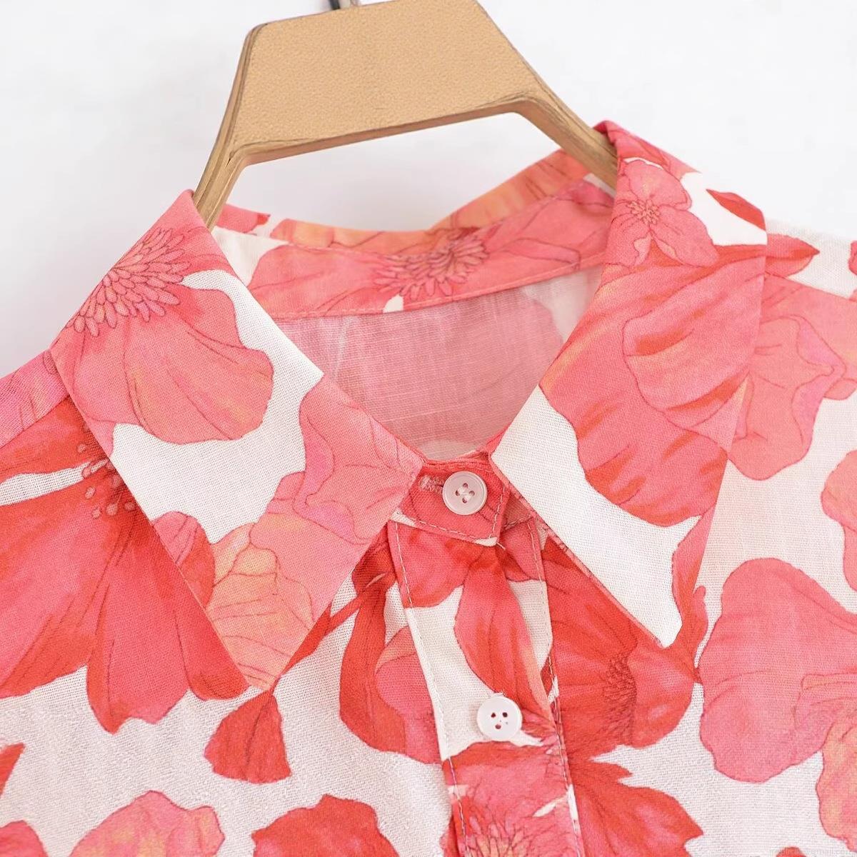 Women Summer Floral Print Short Sleeve Romper With Belt V-Neck Button Down Casual Beach Jumpsuit Polyester Lightweight Outfit
