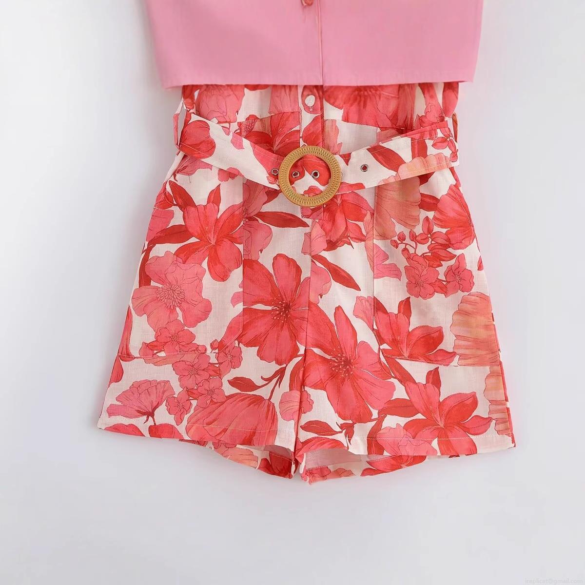 Women Summer Floral Print Short Sleeve Romper With Belt V-Neck Button Down Casual Beach Jumpsuit Polyester Lightweight Outfit