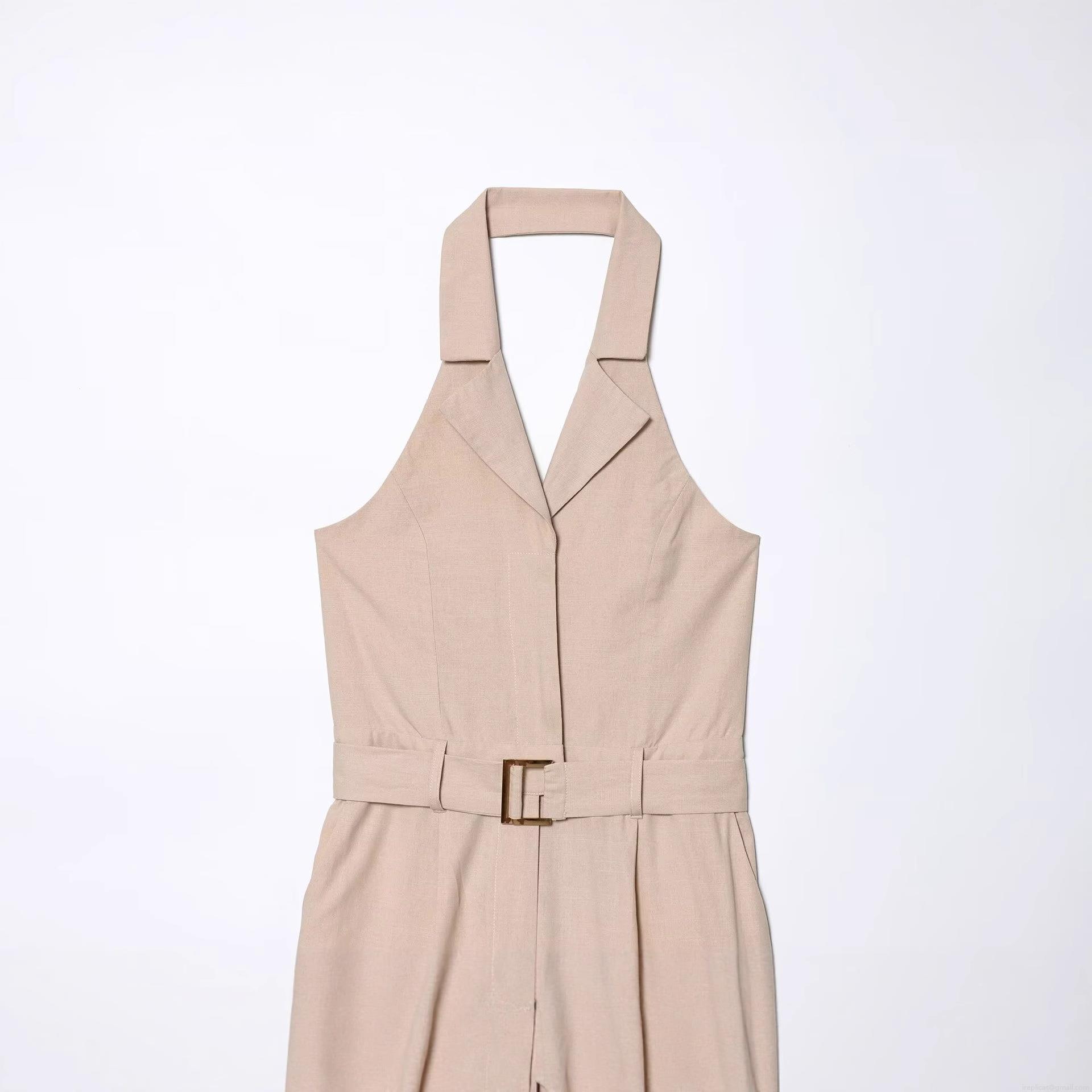 Women Halter Neck Backless Jumpsuit With Belt Elegant Notched Lapel Wide Leg Cotton Blend Sleeveless One Piece Long Pant Romper