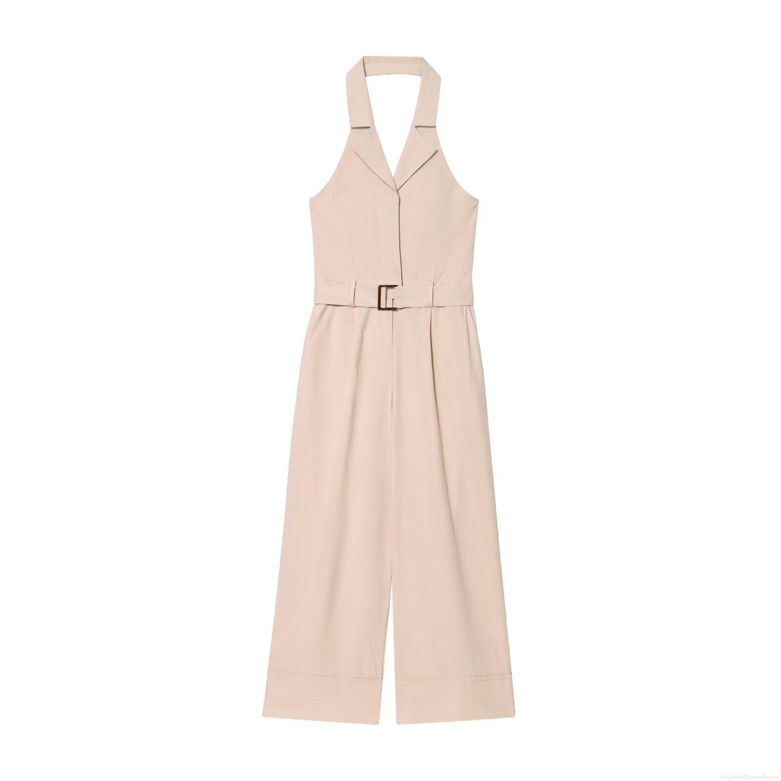 Women Halter Neck Backless Jumpsuit With Belt Elegant Notched Lapel Wide Leg Cotton Blend Sleeveless One Piece Long Pant Romper
