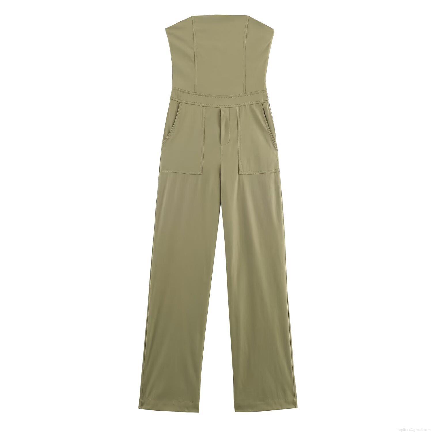 Women Strapless Wide Leg Jumpsuit Elegant Cotton Polyester Twill Cargo Pocket Side Zipper Romper Casual Chic Long One Piece Outfit For Ladies