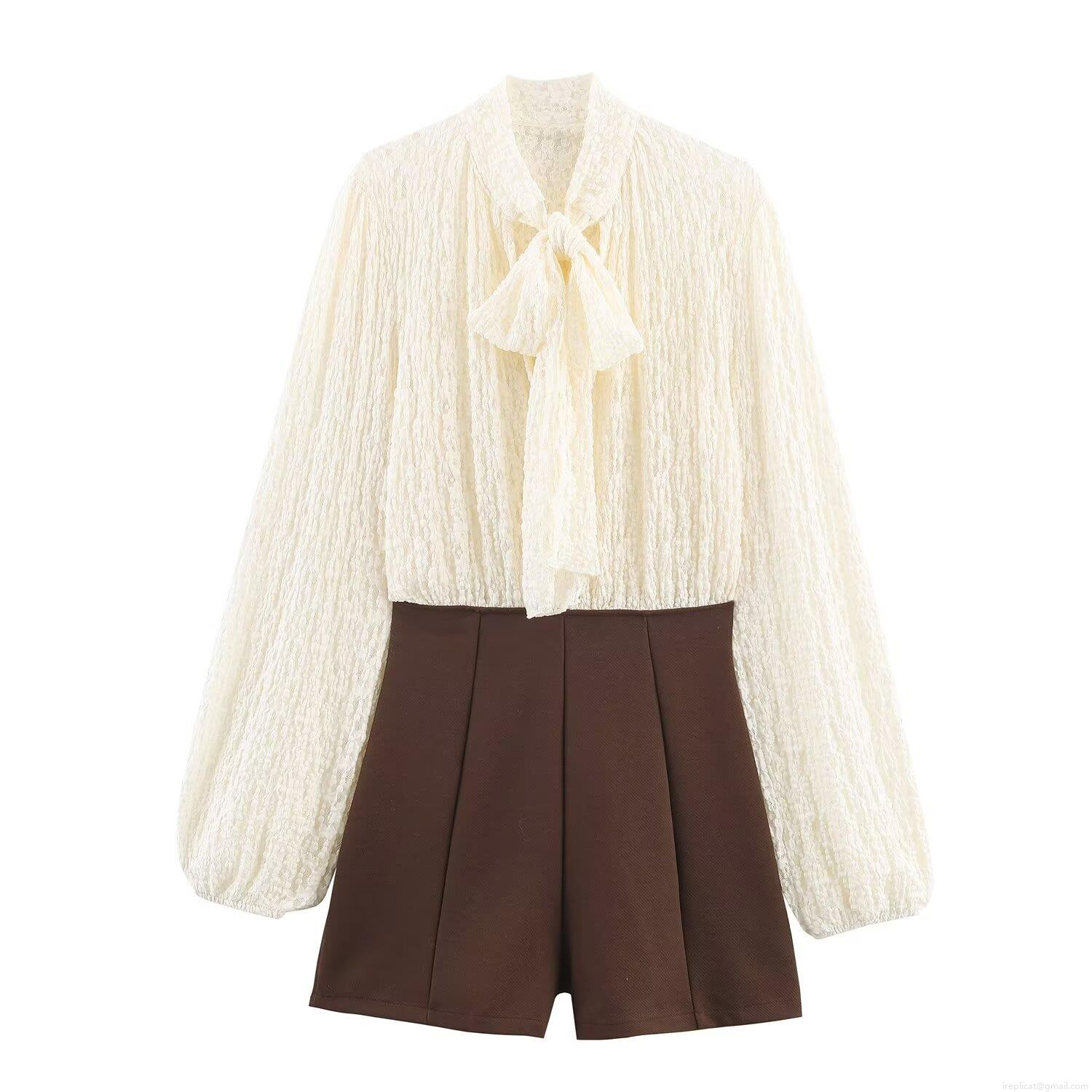 Women's French Style Lace Patchwork Jumpsuit With Bow Knot Contrast Color Long Sleeve Cotton Blend Short Romper Elegant Party Outfit For Ladies