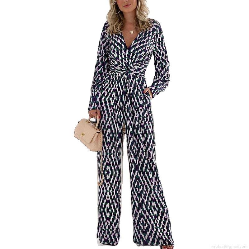 Women's Elegant Geometric Diamond Print V-Neck Long Sleeve Jumpsuit Polyester Wide Leg Slim Fit Romper With Belt For Office Party