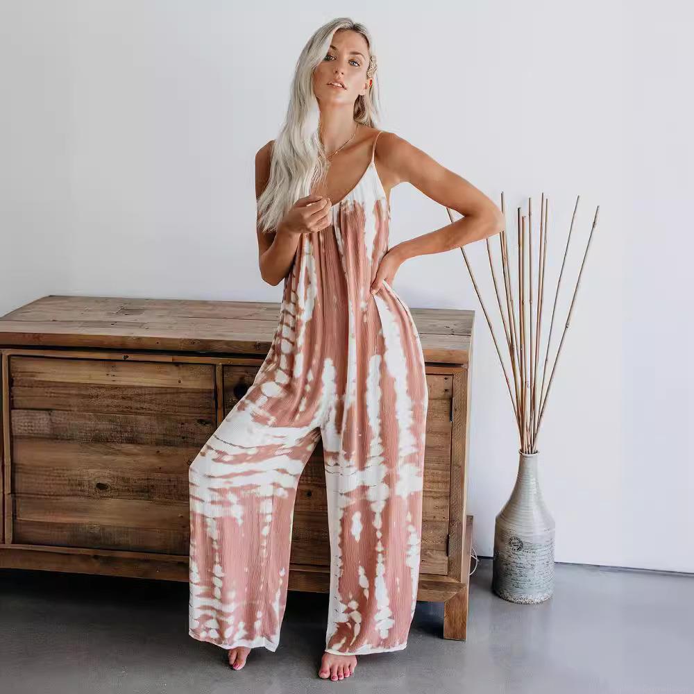 Women's Summer Bohemian Tie Dye Leopard Print Jumpsuit Sexy Spaghetti Strap V Neck Backless Wide Leg Casual Loose Full Length Romper