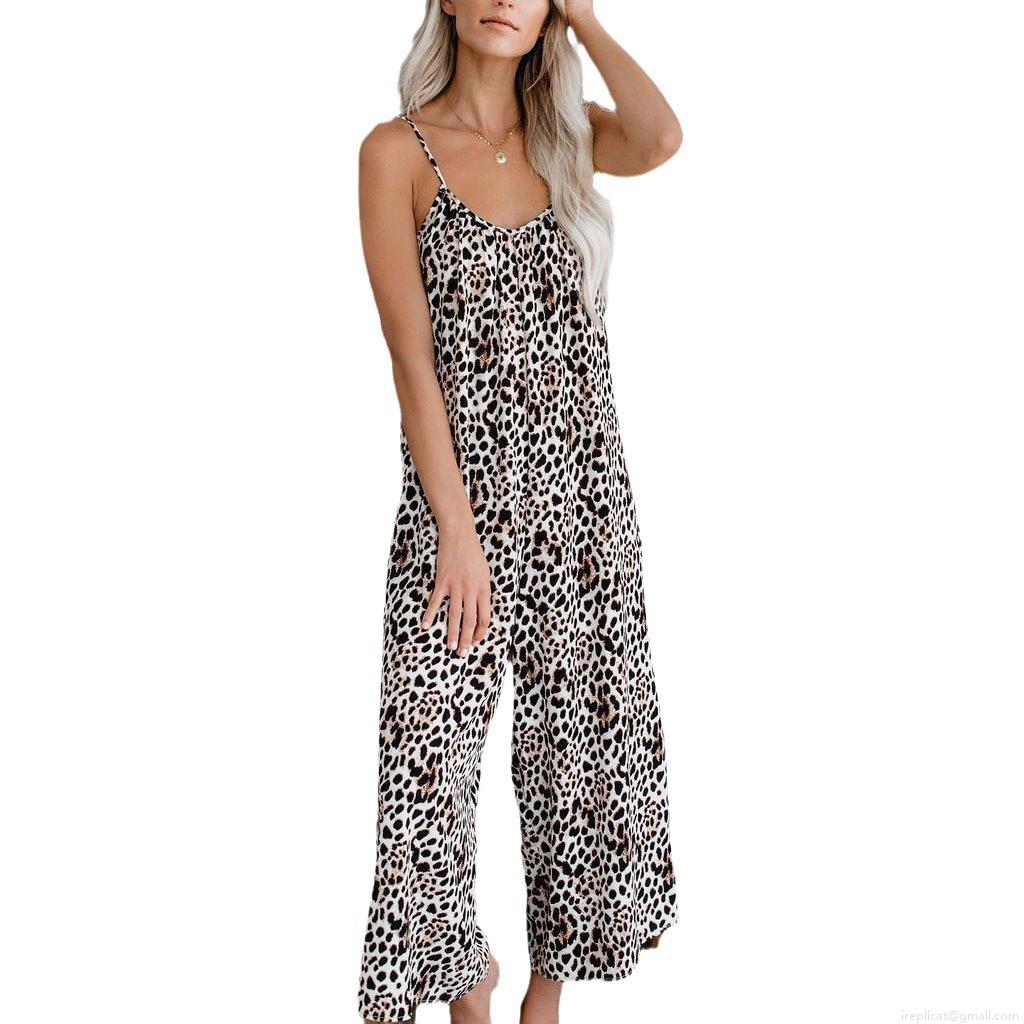 Women's Summer Bohemian Tie Dye Leopard Print Jumpsuit Sexy Spaghetti Strap V Neck Backless Wide Leg Casual Loose Full Length Romper