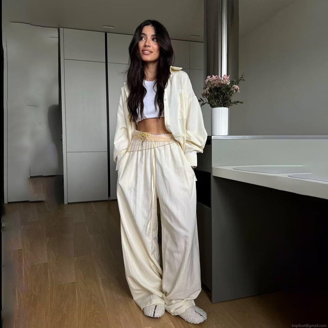 Women's Striped Loungewear Set Lace Stitching Long Sleeve Shirt and Pants Two-Piece Pajama Set for Casual Home Wear