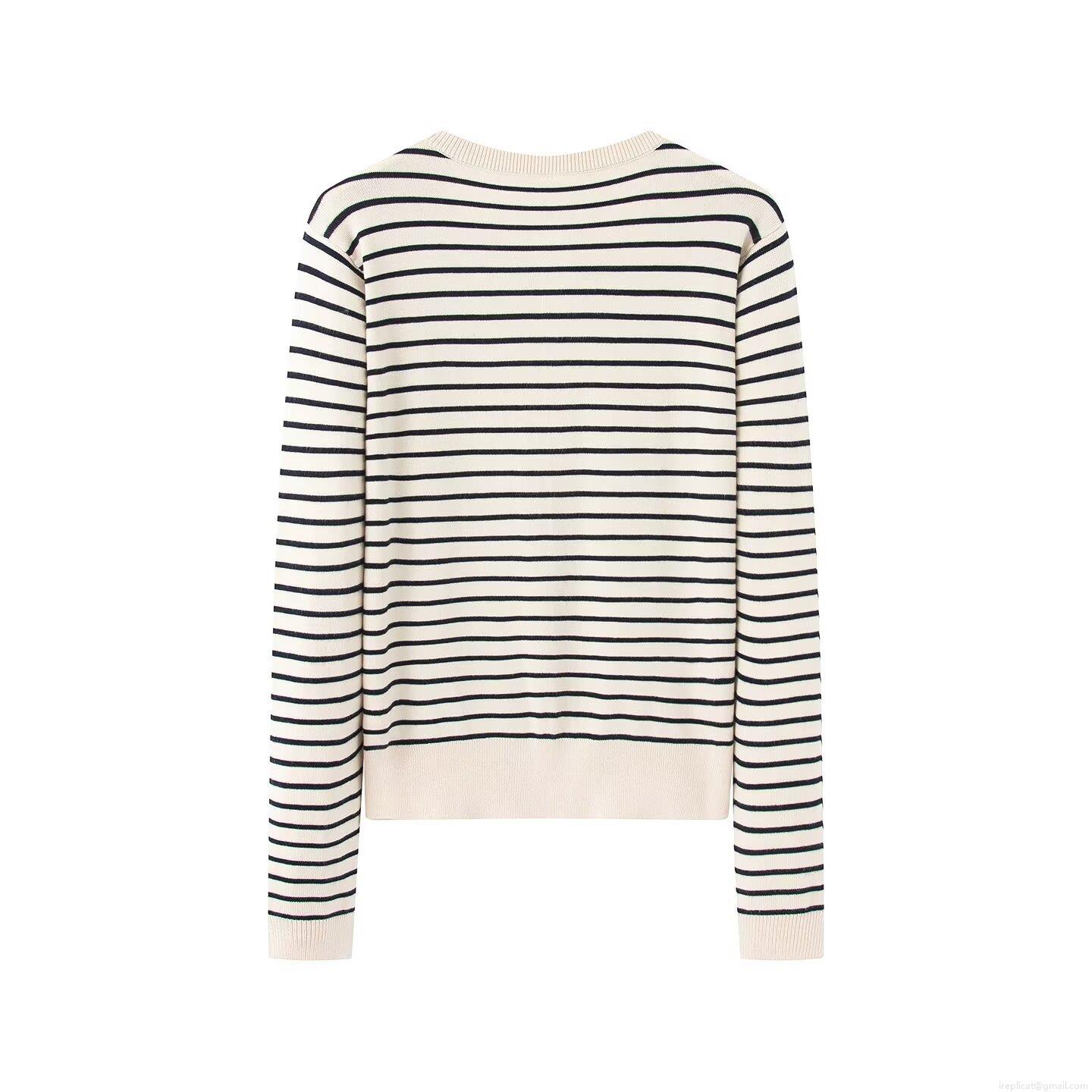 Women's Western Style Striped Knitted Cardigan And Short Sleeve Top Two Piece Casual Streetwear Set Round Neck Button Up Knitwear