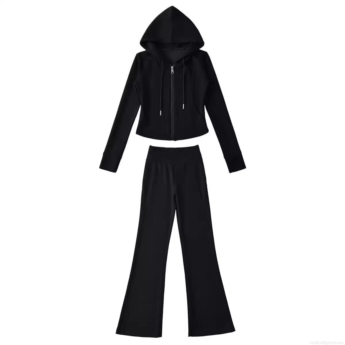 Women's Casual Sports Set Polyester Zip Up Short Hoodie Jacket and High Waist Micro Flare Pants 2 Piece Lounge Yoga Outfits Solid Color