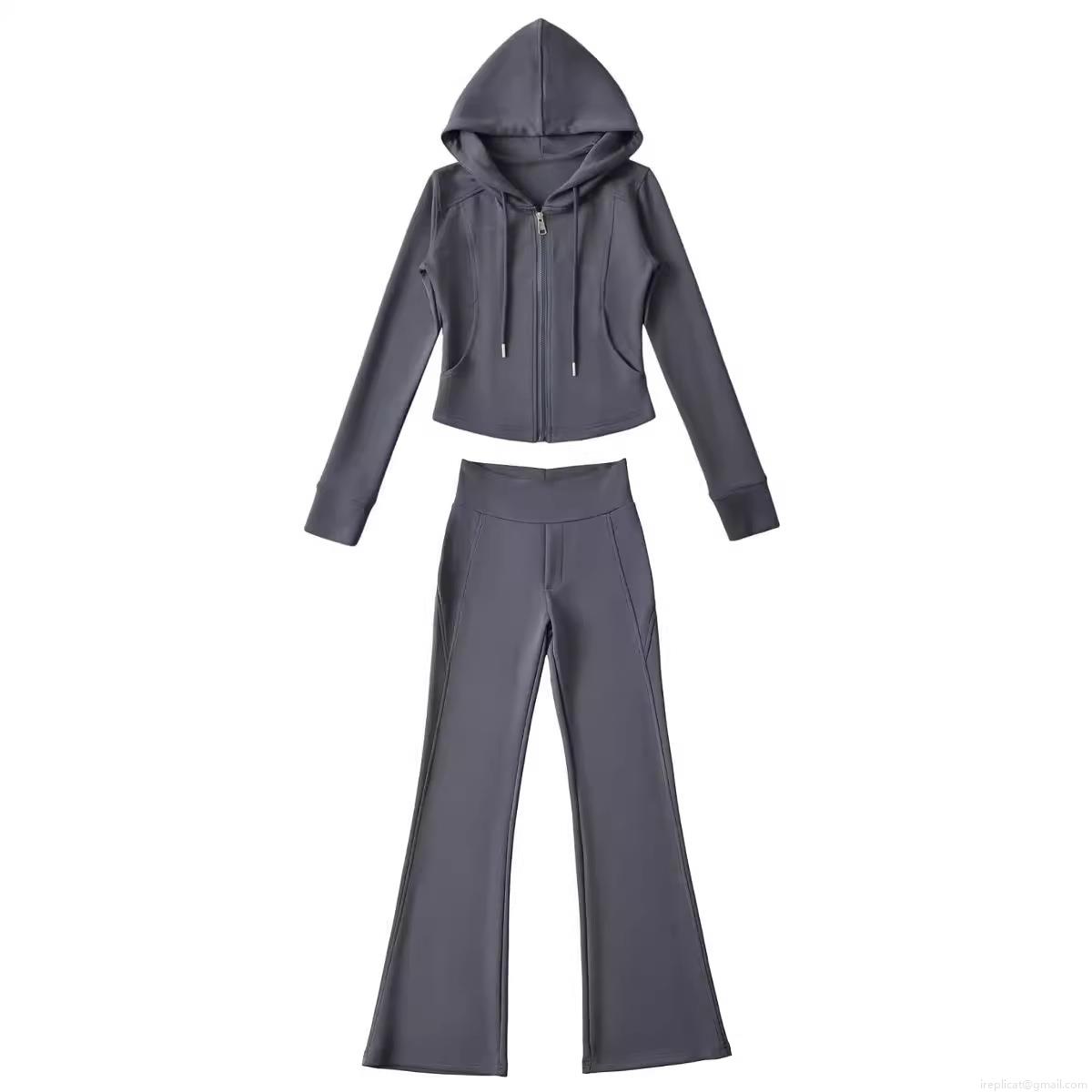 Women's Casual Sports Set Polyester Zip Up Short Hoodie Jacket and High Waist Micro Flare Pants 2 Piece Lounge Yoga Outfits Solid Color