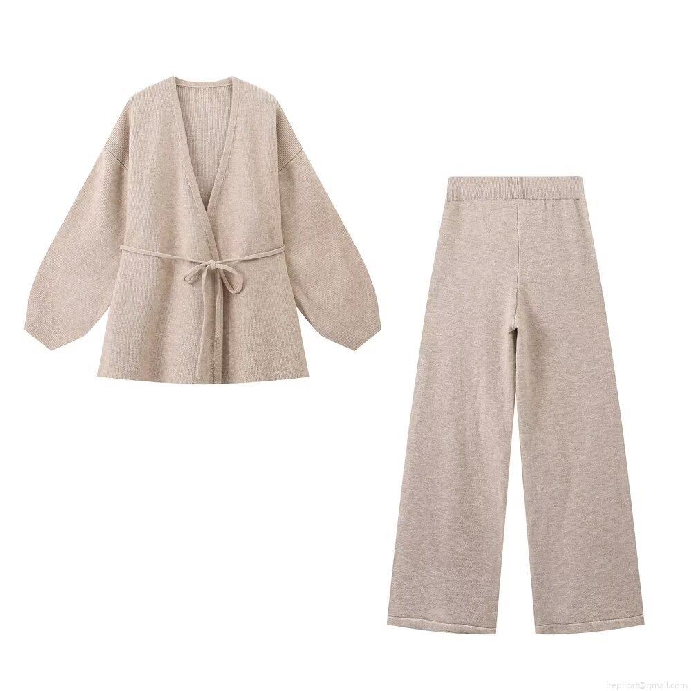 Women's 2 Piece Knit Outfits Casual Long Sleeve Wrap V Neck Tie Up Cardigan And High Waist Wide Leg Long Pants Set Soft Loungewear For Autumn Winter Streetwear