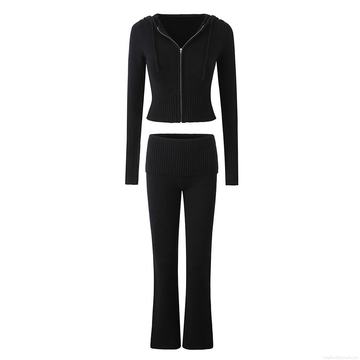 Women's Knit Lounge Set Zip Up Hooded Crop Top And Flare Legging Pants High Elastic Solid Color Ribbed Tracksuit Two Piece Outfits For Winter Autumn Streetwear